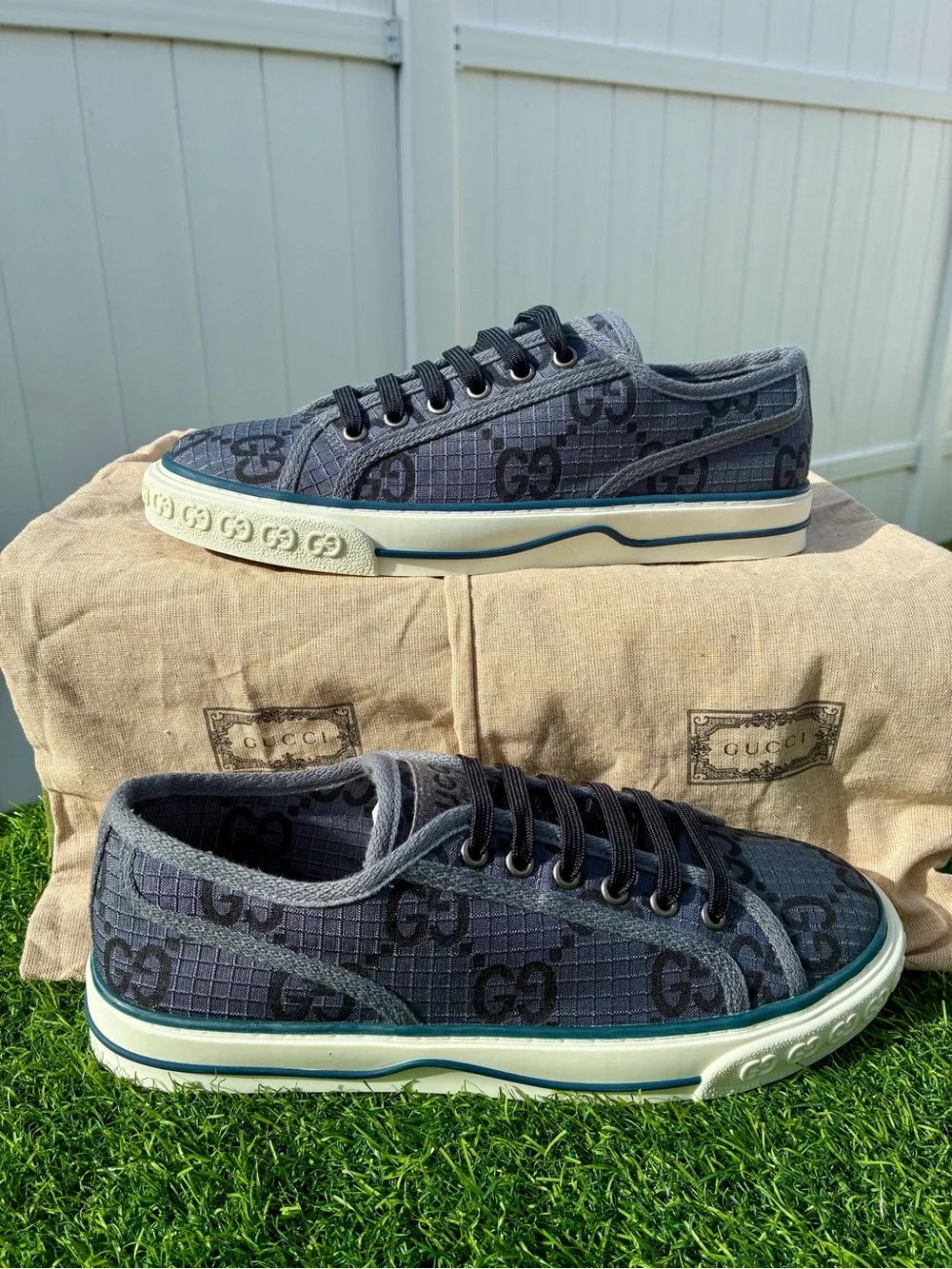 GUCCI TENNIS 1977 GREY BLACK GG SUPREME NEW MONOGRAM SNEAKERS SZ G8 EU 42 NEW!